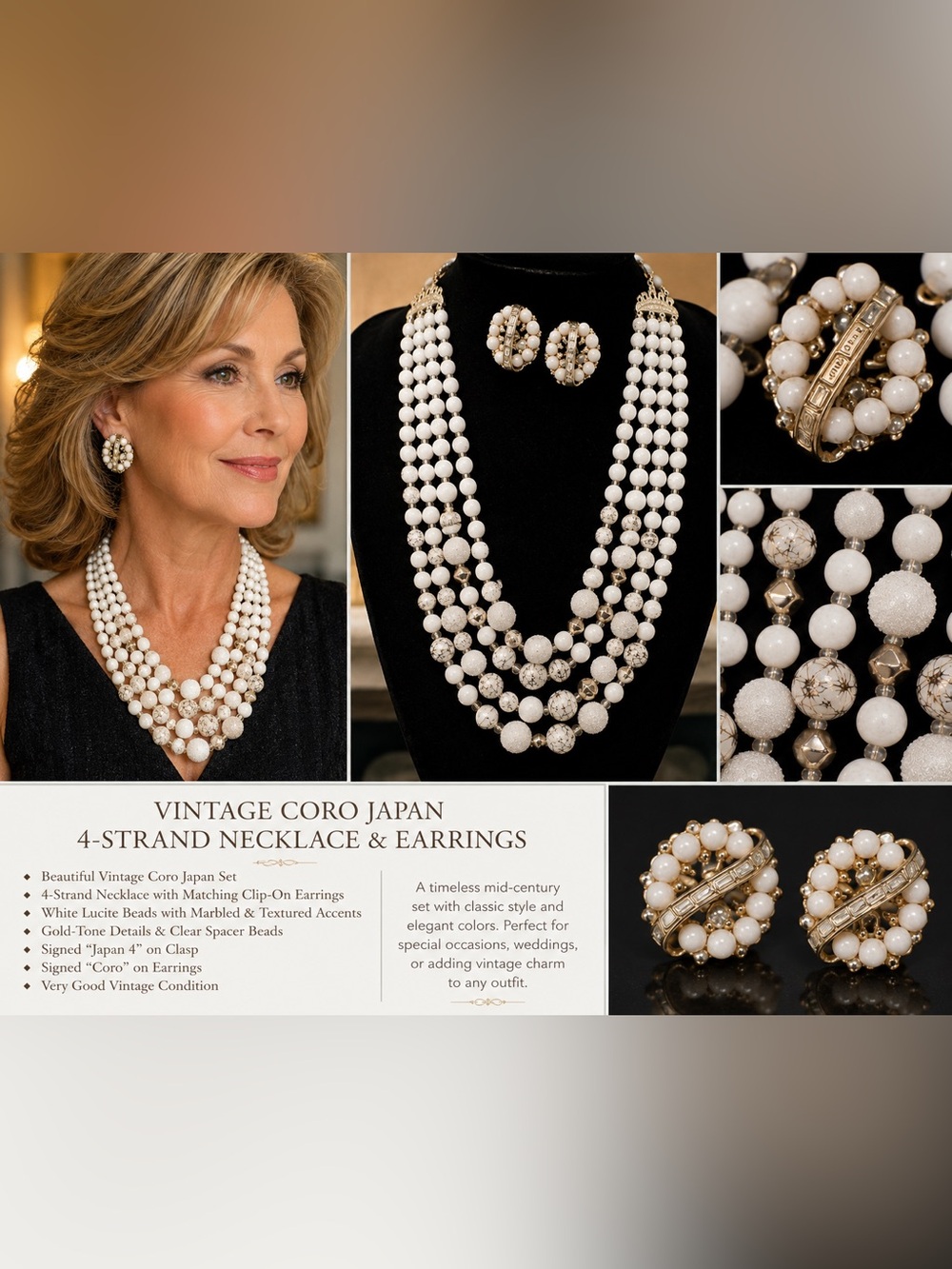 Vintage Coro White Multi-Strand Necklace & Clip-On Earrings